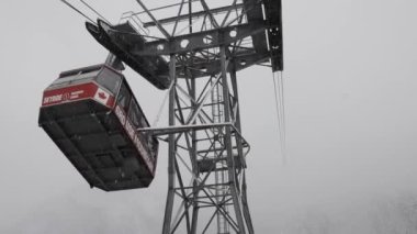 Kar mevsimi boyunca, Evergreen Ağaçları üzerindeki Gondol Kulesi 'nde kar yağışlı bir kış günü.