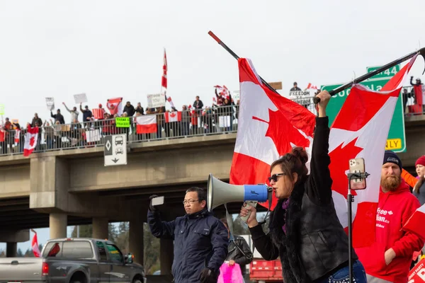 Des gens sur le pont routier soutiennent le rassemblement pour la liberté et la protestation des chauffeurs de camions contre l'anti-vaccin — Photo