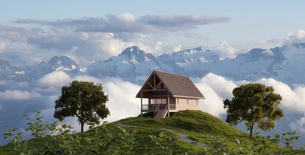 A-frame Cabine casa no topo de uma montanha com picos rochosos. — Fotografia de Stock