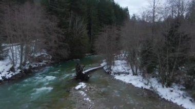 Chilliwack Nehri 'nin kış mevsiminde karlı havadan görünüşü.