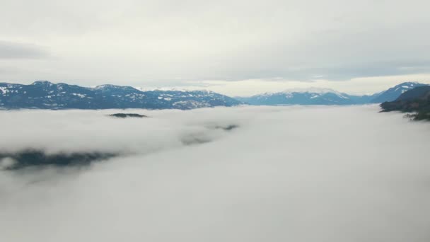 Vue Aérienne Du Paysage Canadien De Montagne Couvert De Brouillard Au-dessus Du Lac Harrison — Video