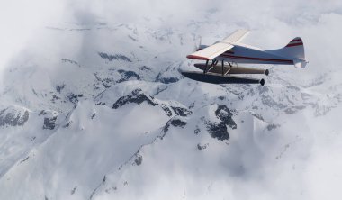 Deniz uçağıyla Kanada Dağ Manzarası. Dramatik Bulutlu Gökyüzü Sanat Hazırlama. 3D uçak yapımı. British Columbia, Kanada 'dan havadan görüntü. Macera Yolculuğu Konsepti