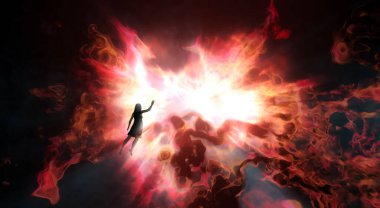 Nebula Yıldızlar Arası Bulutlar Panoramik Görüş Işığa doğru uçan Kadın İnsanla. Parlak Yıldız Parıltısı. Soyut Dijital Sanat Eserleri. Uzay Arkaplanı Panoraması