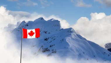Kanada Ulusal Bayrağı, kış mevsiminde karlı Dağ Doğa Manzarası ile birleşir. Vancouver yakınlarındaki British Columbia, Kanada 'dan Hava Arkaplan Görüntüsü.