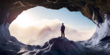 Maceraperest Yürüyüşçü arka planda kayalık dağlarla buz mağarasında duruyor..