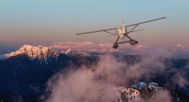 Tek motorlu deniz uçağı Rocky Dağı üzerinde uçuyor..