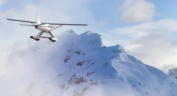 Hidroavión de un solo motor que vuela sobre el paisaje rocoso de la montaña. — Foto de Stock