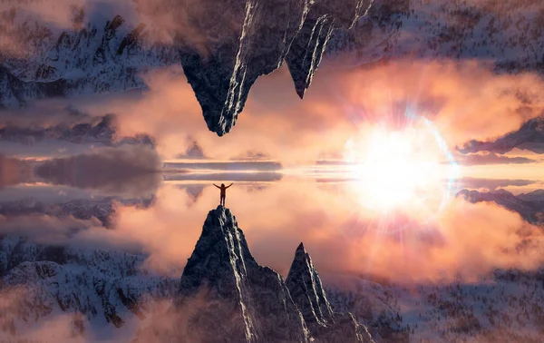 Magiska Fantasy Aerial Landskap med en speglad Mountain World. Äventyr kvinna vandrare stående. — Stockfoto