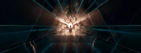 Dunkler abstrakter Sci-Fi-Tunnelhintergrund mit Mann im Stehen — Stockfoto