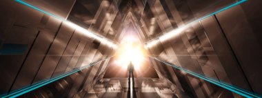 Karanlık soyut bilim kurgu tüneli arka planında ayakta duran adam