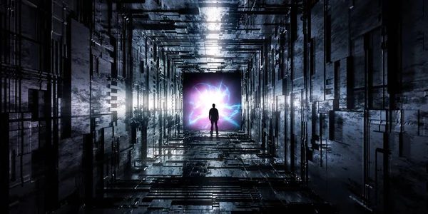 Donkere abstracte Sci Fi Square Tunnel achtergrond. Man staand met gloeiende lichtstralen. — Stockfoto
