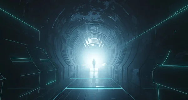 Sötét elvont sci-fi alagút háttér. Férfi áll a ragyogó fény — Stock Fotó