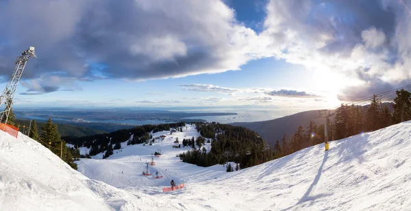 View of Top of Grouse Mountain Ski Resort with the City in the background. — Stock Photo, Image