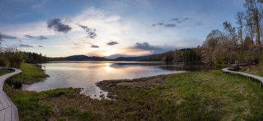 Shoreline Trail, Port Moody, Greater Vancouver 'daki bataklık boyunca Tahta Yol manzarası