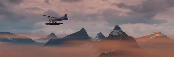 Paisaje dramático de montaña cubierto de nubes. Aviones de hidroavión Volando. —  Fotos de Stock