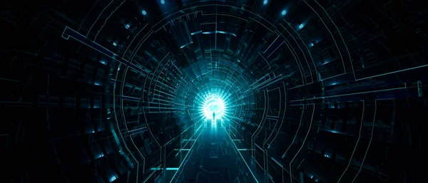 Donkere abstracte Sci Fi Tunnel achtergrond. De man die staat met gloeiend licht — Stockfoto