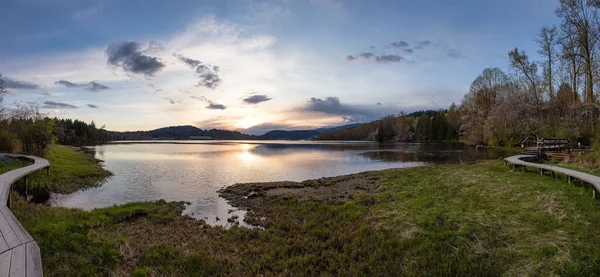 Shoreline Trail, Port Moody, Greater Vancouver 'daki bataklık boyunca Tahta Yol manzarası