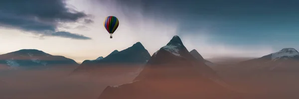 Dramatiskt bergslandskap täckt av moln. Het luft ballong flygplan Flying. — Stockfoto