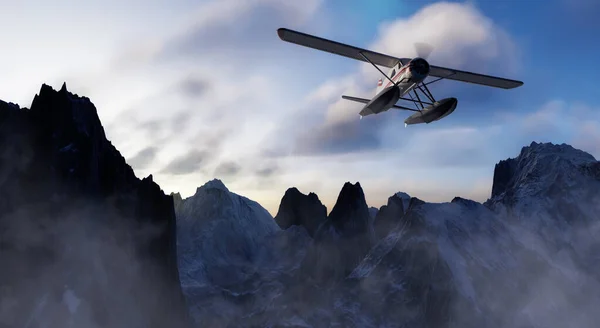 Dramatic Mountain Landscape covered in clouds. Seaplane aircraft Flying. — Stock Photo, Image