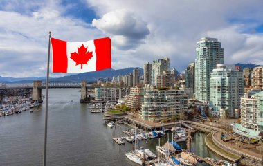 Canadian National Flag Composite. Modern Cityscape on the West Coast Pacific Ocean.