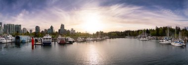 Kömür Limanı Panoramik Manzarası, Marina ve Stanley Parkı. Sunset Sky Sanat Sunucusu. Vancouver, British Columbia, Kanada.