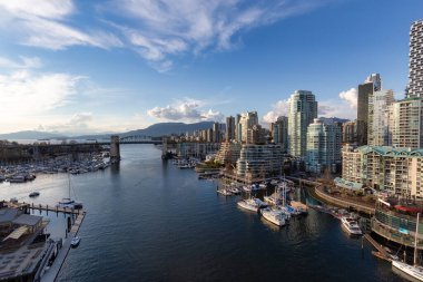 False Creek 'teki Granville Adası' nın modern şehir silueti ve arka planında dağlar olan havadan görüntüsü. Vancouver, British Columbia, Kanada.