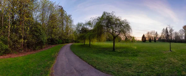 Scénická Stezka Zeleném Parku Stromy Barevné Zapadající Nebe Město Předměstí — Stock fotografie