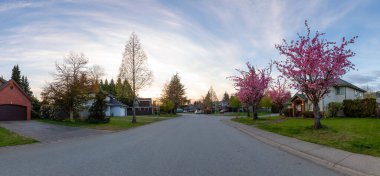 Modern City Banliyöleri 'nde bir mahalle caddesi. Güneşli Bahar Günbatımı. Fraser Heights, Surrey, Greater Vancouver, British Columbia, Kanada. Panorama