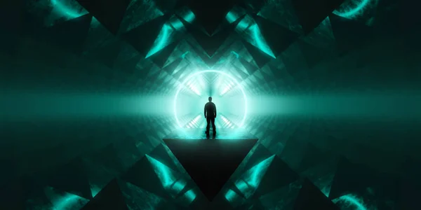 Dunkler Abstrakter Sci Kreis Und Dreieck Hintergrund Mann Stehen Leuchtende — Stockfoto