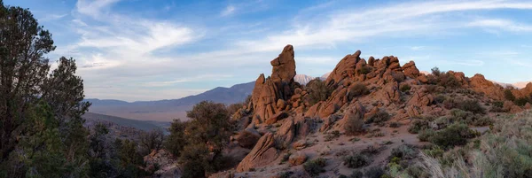 Trockene Felsige Wüstengebirgslandschaft Mit Bäumen Sonniger Abendhimmel Kalifornien Vereinigte Staaten — Stockfoto