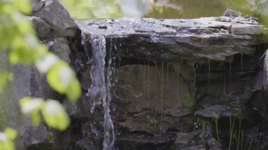 Bahçedeki bir kayadan akan suyun görüntüsünü kapat. Deer Lake Parkı. Burnaby, Vancouver, British Columbia, Kanada 'da çekilmiş. Doğa Arkaplanı. Yavaş Hareket