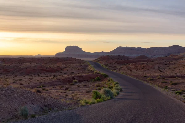 Scenic Road Surrounded Red Rock Mountains Desert Sunrise Spring Season — Zdjęcie stockowe