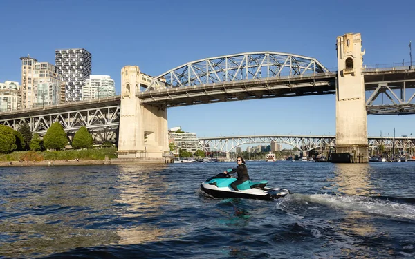 Adventurous Caucasian Woman Water Scooter Riding Ocean Sunny Sunset Sky — Photo