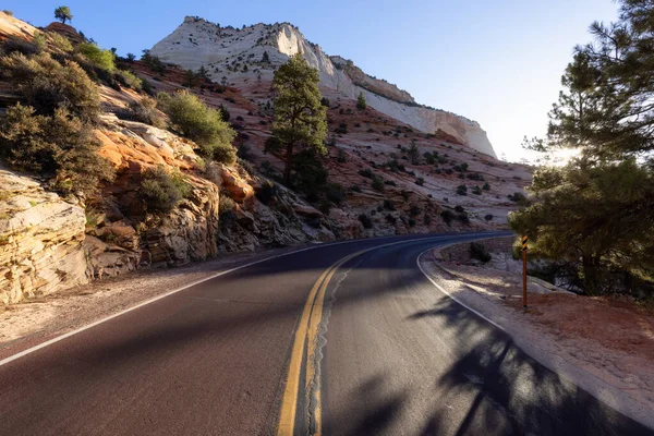 Scenic Road American Mountain Landscape Sunny Morning Sunrise Sky Zion — Stock Photo, Image