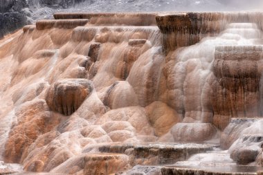 Renkli zemin formasyonlu Sıcak Bahar Manzarası. Mamut Kaplıcaları, Yellowstone Ulusal Parkı, Wyoming, ABD. Doğa Arkaplanı.