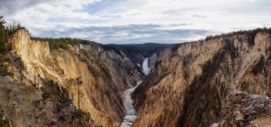 Rocky Canyon, River ve Waterfall, Amerikan Peyzajı. Yellowstone 'un Büyük Kanyonu. Yellowstone Ulusal Parkı. Birleşik Devletler. Doğa Arkaplanı.