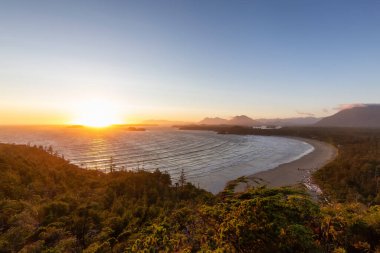 Sandy Beach on the West Coast of Pacific Ocean. Canadian Nature Landscape Background. Cox Bay Lookout, Tofino, Vancouver Island, BC, Canada.