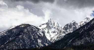 Snow Covered Mountains in American Landscape. Spring Season. Grand Teton National Park. Wyoming, United States. Nature Background.