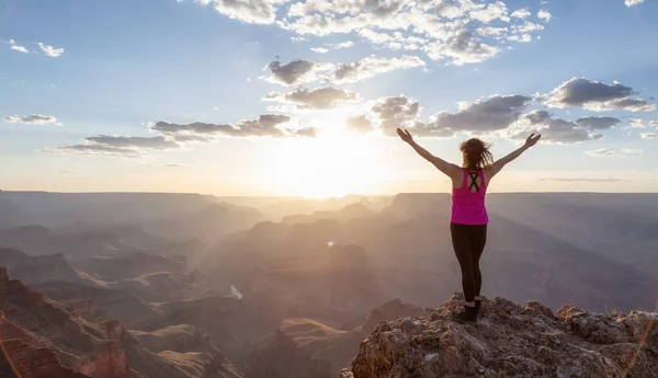 Adventurous Traveler Standing Desert Rocky Mountain American Landscape Cloudy Sunny — Stockfoto