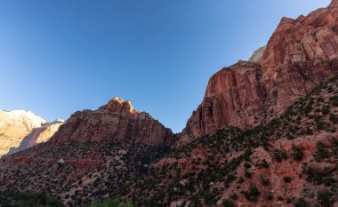 Amerikan Dağları manzarası. Güneşli Sabah Gökyüzü. Zion Ulusal Parkı, Utah, Amerika Birleşik Devletleri. Doğa Arkaplanı