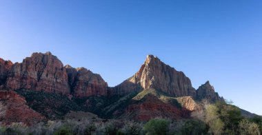 American Mountain Landscape. Sunny Morning Sky. Zion National Park, Utah, United States of America. Nature Background