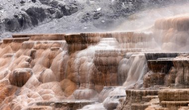 Renkli zemin formasyonlu Sıcak Bahar Manzarası. Mamut Kaplıcaları, Yellowstone Ulusal Parkı, Wyoming, ABD. Doğa Arkaplanı.