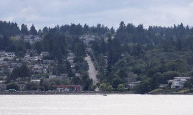 Homes and Trees near the Ocean, boat going by on a Cloudy Day. Summer Season. Nanaimo, Vancouver Island, British Columbia, Canada. City Background.