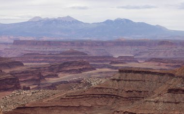 Desert Canyon 'daki Manzaralı Amerikan Manzarası ve Kızıl Kaya Dağları. Bahar sezonu. Canyonlands Ulusal Parkı. Utah, Birleşik Devletler. Doğa Arkaplanı.