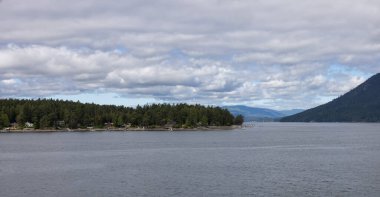 Treed Island with Homes and docks, surrounded by other islands. Summer Season. Gulf Islands near Vancouver Island, British Columbia, Canada. Canadian Landscape.