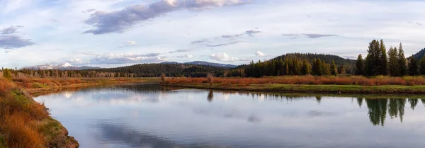 River Surrounded Trees Mountains American Landscape Snake River Oxbow Bend — Foto de Stock