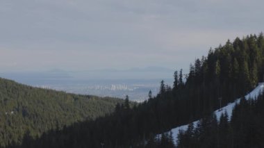 Colorful Sunset over the tree top on the mountain. Spring Season. Taken on Grouse Mountain, North Vancouver, British Columbia, Canada. Cityscape in Background