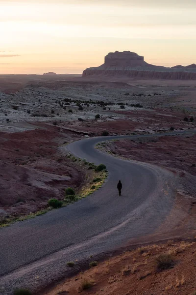 Woman Walking Scenic Road Desert Sunrise Red Rock Mountain Landscape — Stock fotografie