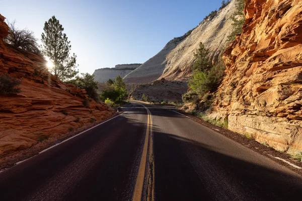 Scenic Road American Mountain Landscape Sunny Morning Sunrise Sky Zion — Stock fotografie