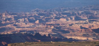 Scenic American Landscape and Red Rock Mountains in Desert Canyon. Spring Season. Canyonlands National Park. Utah, United States. Nature Background. Sunrise